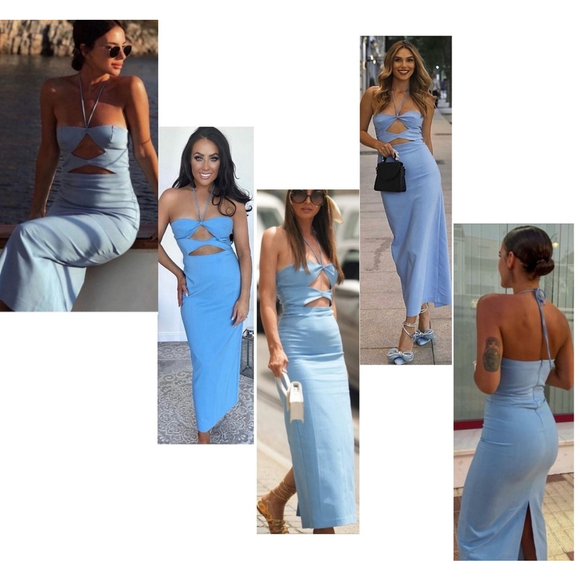 Zara blue cut-out halter top bodycon midi dress Sz L NWOT bloggers fave - Picture 6 of 16